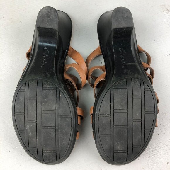 Clarks Women's Size 8M Brown Leather Strappy Open Toe Heeled Slip On Sandals - Picture 9 of 14